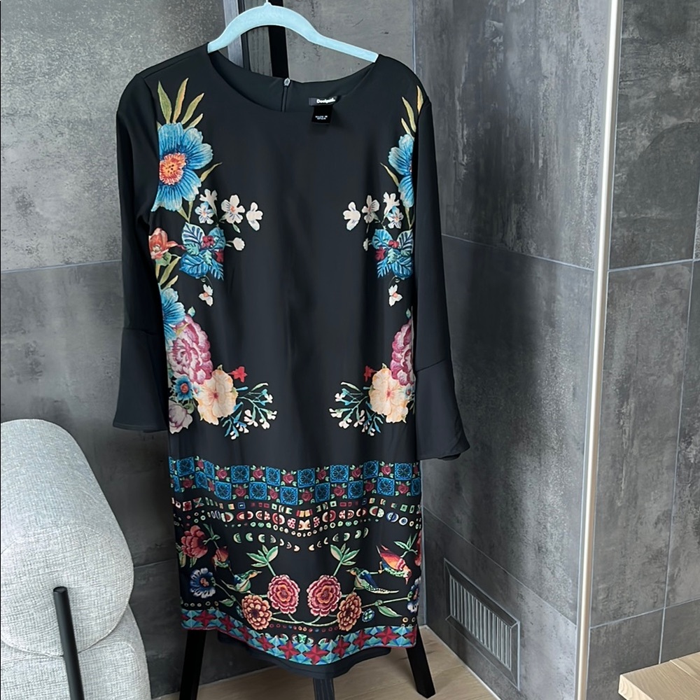 Desigual Black Floral Long Sleeve Sheath Dress size 38